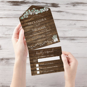 Invitación Todo En Uno Eucalyptus Rustic Boda String Lights RSVP