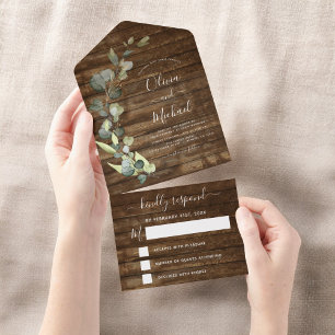 Invitación Todo En Uno Eucalyptus Rustic Country Wood Wedding RSVP