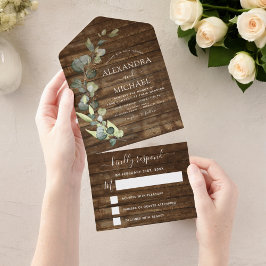 Invitación Todo En Uno Eucalyptus Rustic Country Wood Wedding RSVP