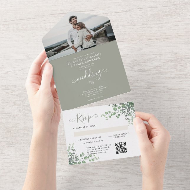 Invitación Todo En Uno Eucalyptus Rústico Código QR RSVP Boda Primaria (desgarro)