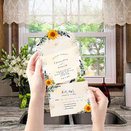 Invitación Todo En Uno Eucalyptus verde girasoles boda dorado