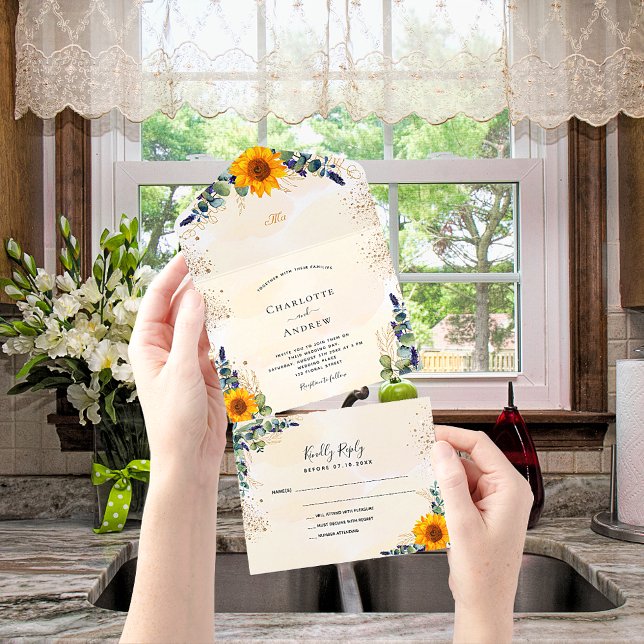 Invitación Todo En Uno Eucalyptus verde girasoles boda dorado (Subido por el creador)