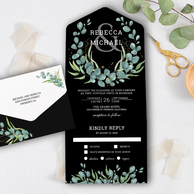 Invitación Todo En Uno Eucalyptus Wreath Black Boda (Subido por el creador)