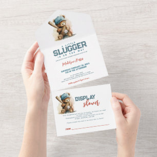 Invitación Todo En Uno Exhibidor QR Niño Oso de Peluche Béisbol  Ducha de
