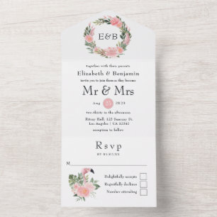 Invitación Todo En Uno Exótico Monograma de Boda de Flamenco Rosa Tropica