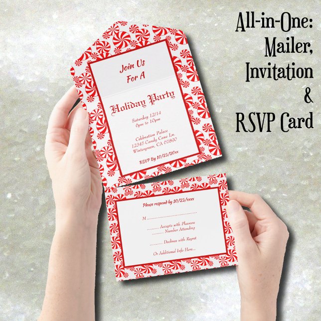 Invitación Todo En Uno Fácil menta blanca roja en una sola invitación (Peppermint Candy Pattern Editable Invitation, mailer and RSVP card)