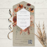 Invitación Todo En Uno Fall Boho Rust & Peach Flor Frame Sage QR Code<br><div class="desc">DISPONIBLE CON O SIN CÓDIGO QR PARA ESCANEAR O CON O SIN OPCIONES PARA CENAR. Todo esto en un diseño de invitación a la boda presenta un hermoso marco inspirado en la caída de roya, terracota, melocotón, crema, marrón y verde sabio con un fondo verde sabio y afligido blanco. Perfecto...</div>