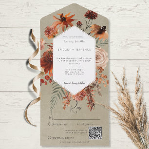 Invitación Todo En Uno Fall Boho Rust & Peach Flor Frame Sage QR Code