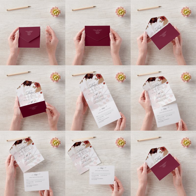 Invitación Todo En Uno Fall Floral Boda Suite Terracotta Borgoña Rojo