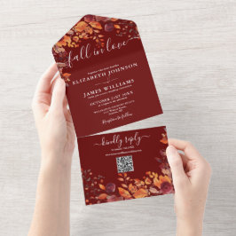 Invitación Todo En Uno  Fall In Love Burgundy Floral QR Code Wedding