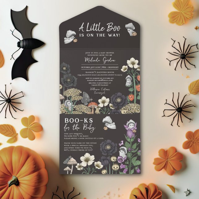 Invitación Todo En Uno Fantasmas florales negros modernos Halloween Baby  (A little boo is on the way black Halloween baby shower invitations with flowers and mushroom ghosts.)