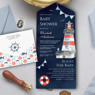 Invitación Todo En Uno Faro Rústico Náutico Baby Shower Azul Marino