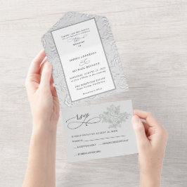 Invitación Todo En Uno Faux Embossed White Roses Wedding 