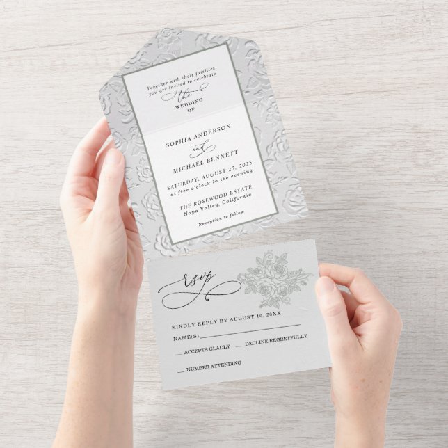Invitación Todo En Uno Faux Embossed White Roses Wedding  (desgarro)