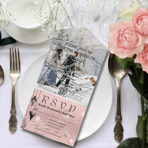 Invitación Todo En Uno Faux Sparkle Shimmer Rosa Plata Código QR Navidad