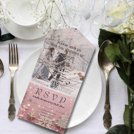 Invitación Todo En Uno Faux Sparkmer Shimmer Plata Rosa Foto Código QR