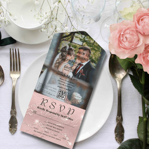 Invitación Todo En Uno Faux Sparkmer Shimmer Plata Rosa Foto Código QR