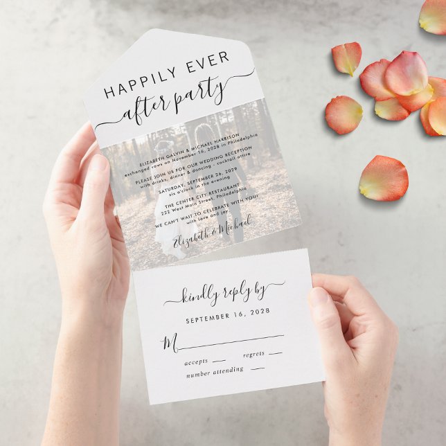 Invitación Todo En Uno Feliz desde la recepción de la boda de Fiesta (An chic Happily Ever After Party all-in-one invitation for your wedding celebration)