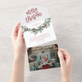 Invitación Todo En Uno Feliz Navidad Escritura Roja Acuarela Fiesta