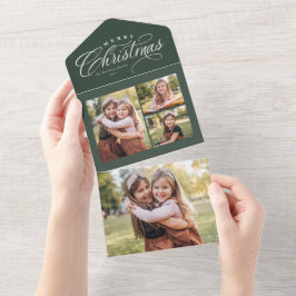 Invitación Todo En Uno Feliz Navidad verde 4 fotos de vacaciones triples