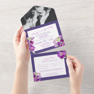 Invitación Todo En Uno Feliz para siempre después de la boda morada acuar