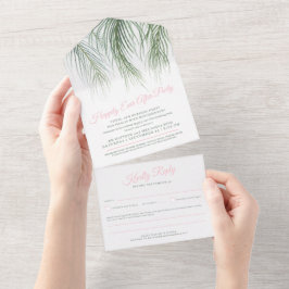 Invitación Todo En Uno Feliz para siempre después de la palmera boda rosa
