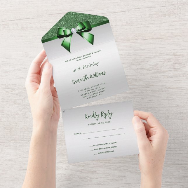 Invitación Todo En Uno Feminine Emerald Gem Bow & Purpurina Birday (desgarro)