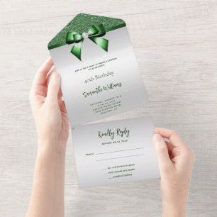 Invitación Todo En Uno Feminine Emerald Gem Bow & Purpurina Birday