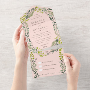 Invitación Todo En Uno Fern Eucalyptus color verde de mano Rubor rosa