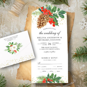 Invitación Todo En Uno Festividad Holly Berries Pine Cone Navidades Boda