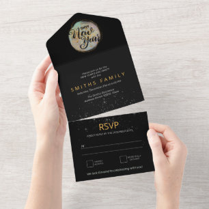 Invitación Todo En Uno Fiesta de Año Nuevo de Purpurina del Oro Negro