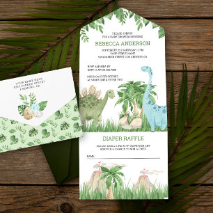 Invitación Todo En Uno Fiesta de Baby Shower del Dinosaurio Cuco Aquarela