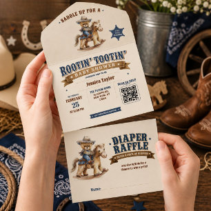 Invitación Todo En Uno Fiesta de Baby Shower del Oso Teddy Vaquero QR Rif