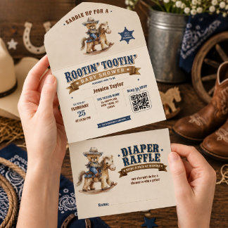 Invitación Todo En Uno Fiesta de Baby Shower del Oso Teddy Vaquero QR Rif