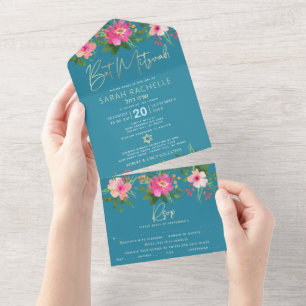 Invitación Todo En Uno Fiesta de Bat Mitzvah Azul Dorado Tipo Floral Acua