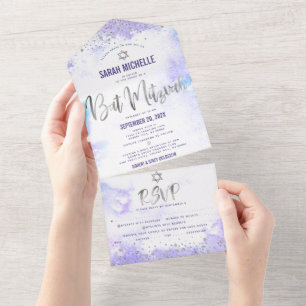 Invitación Todo En Uno Fiesta de Bat Mitzvah Morado Acuarela Plata Script