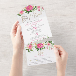 Invitación Todo En Uno Fiesta de Bat Mitzvah Tipo Oro Rosa Floral Acuarel