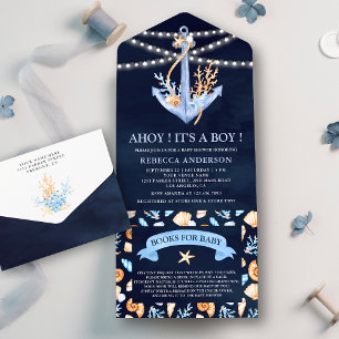 Invitación Todo En Uno Fiesta de Bebé Ancla Náutica Acuarela Azul Marino