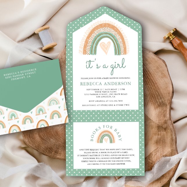 Invitación Todo En Uno Fiesta de Bebé Arcoíris Boho Aquarela Verde Menta (Subido por el creador)