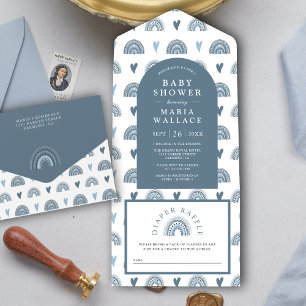 Invitación Todo En Uno Fiesta de Bebé Arcoíris Boho Arco Azul