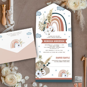 Invitación Todo En Uno Fiesta de Bebé Arcoíris Boho Pampas Rústica