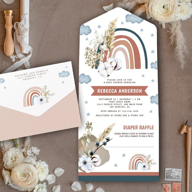 Invitación Todo En Uno Fiesta de Bebé Arcoíris Boho Pampas Rústica (Subido por el creador)