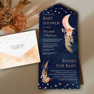 Invitación Todo En Uno Fiesta de Bebé Azul Marino Luna Creciente Floral T