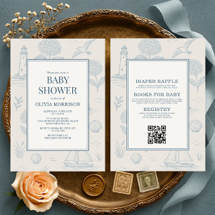 Invitación Todo en uno Fiesta de Bebé Azul Toile Costera Fran
