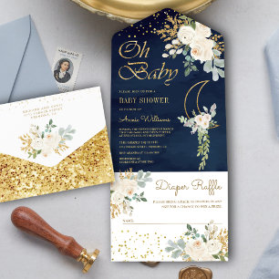 Invitación Todo En Uno Fiesta de Bebé Boho Marfil Floral Dorado Luna Azul