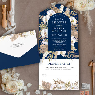 Invitación Todo En Uno Fiesta de Bebé Boho Pampas Orquídea Blanca Azul Ma