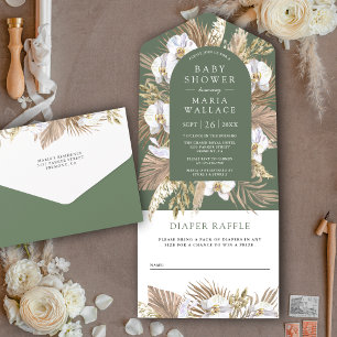 Invitación Todo En Uno Fiesta de Bebé Boho Pampas Orquídea Blanca Verde S
