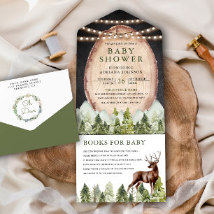 Invitación Todo En Uno Fiesta de bebé Bosque Montañoso con Rebanada de Ma