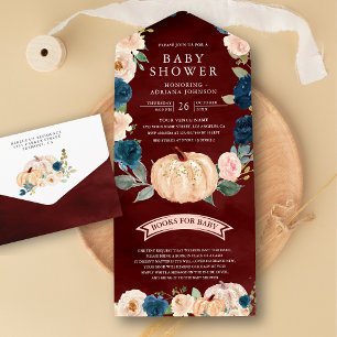 Invitación Todo En Uno Fiesta de bebé Burgundy Red Calabaza Floral Meloco