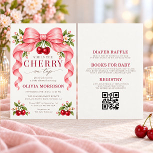 Invitación Todo en Uno Fiesta de Bebé con Lazo Rosa y Cereza